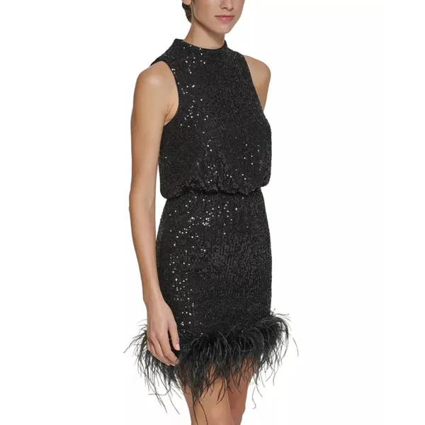 Eliza J Sequined Feather Hem Mini Dress Party Glam Mockneck Cocktail US 8 NWT - Image 4