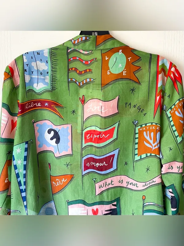 Sézane x Pangea Pierro Shirt Flag Print Green 36 NWT - Image 7
