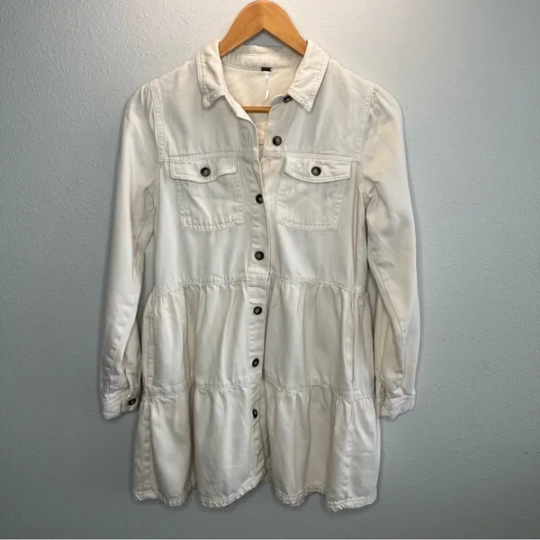 Free People Cream Nicole Tiered Button Down Long Sleeve Mini Shirt Dress - Image 4