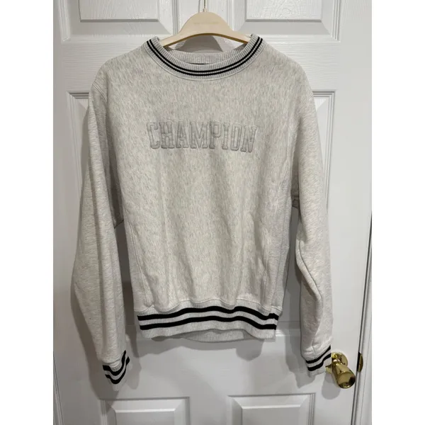 Champion Reverse Weave Sweatshirt Oatmeal Heather Striped Trim Women's Small‎ - Image 2