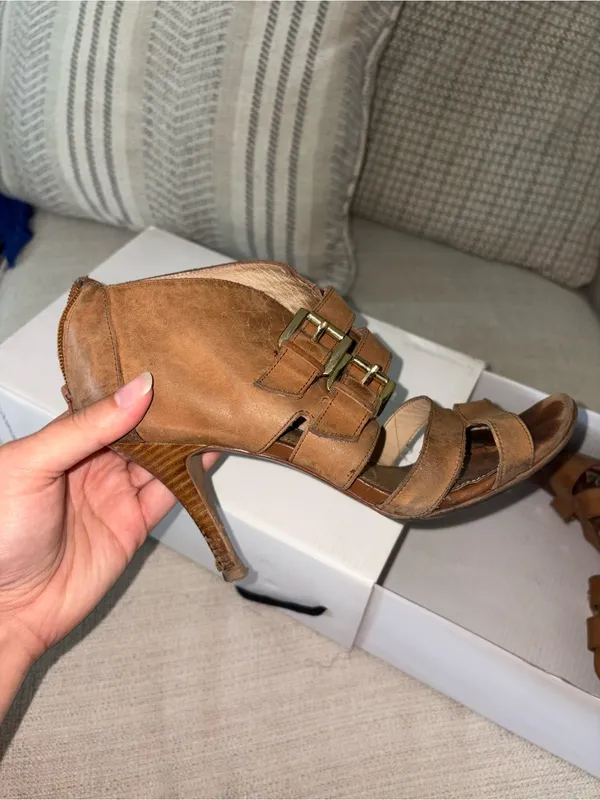 Aldo Brown Strappy Buckle High-Heel Sandal Booties - Image 4