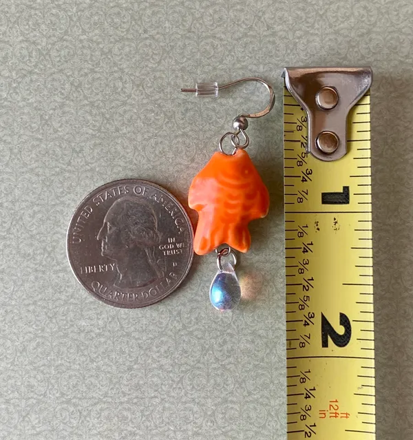 unique funky cute orange ceramic fish & Czech glass teardrop dangle earrings ⭐️🐟💕 - Image 5