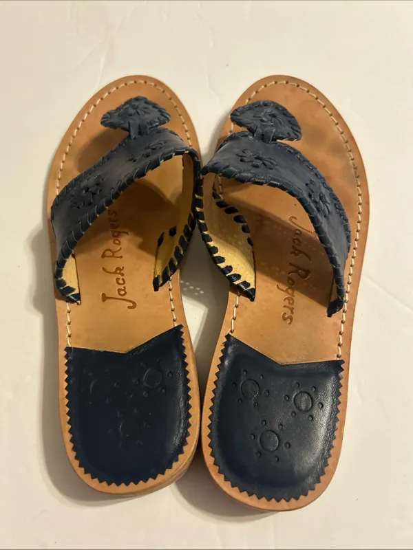 Jack Rogers Navy Leather Whipstitched Toe-Post Sandals - Image 3