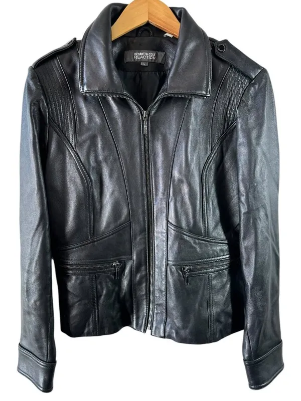 Kenneth Cole Reaction Black Leather Moto Jacket Women’s L Y2K Biker Zip - Image 2