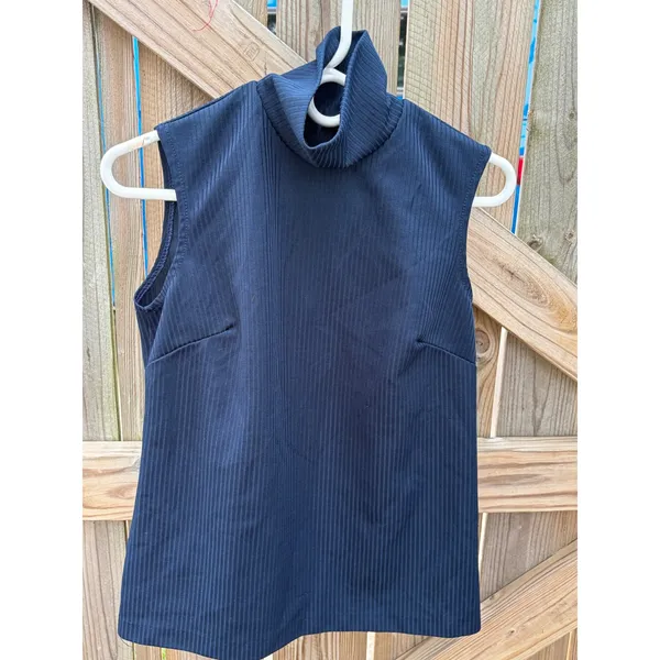 Vintage‎ Mock Neck Top Ribbed Sleeveless Navy Blue Back Zip - Image 2