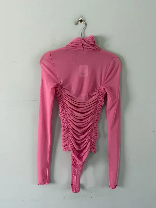 NWT Free People Under It All Fiji Flower Pink Mesh‎ Ruched Boho Bodysuit - Image 4