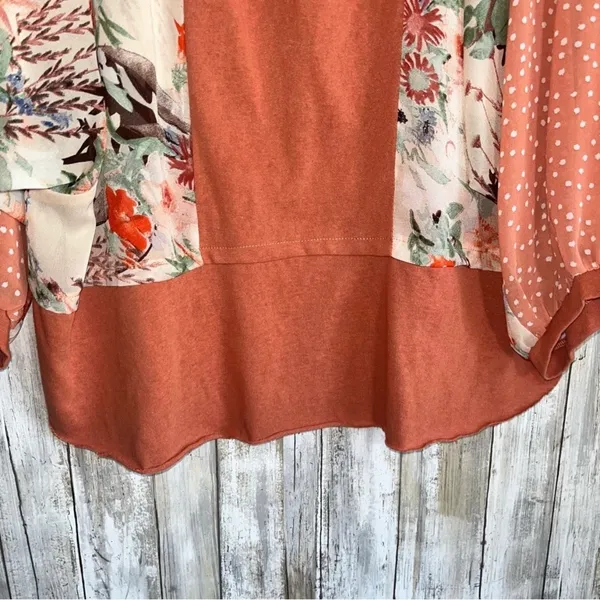 Umgee Orange Mixed Print Floral & Polka Dot Dolman Blouse •Small - Image 3