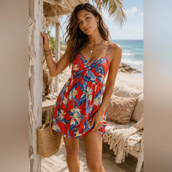 Hollister Red Tropical Floral Mini Dress Small | Hawaiian Aloha Sundress Strappy - Image 2