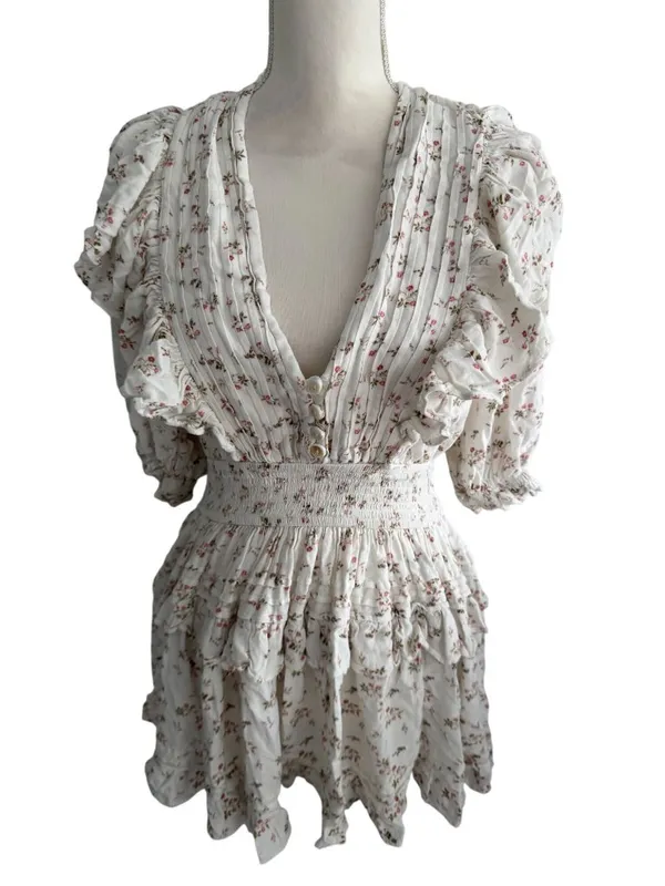 JENS PIRATES BOOTY Floral White Smocked Waist Mini Dress Size XL - Image 5