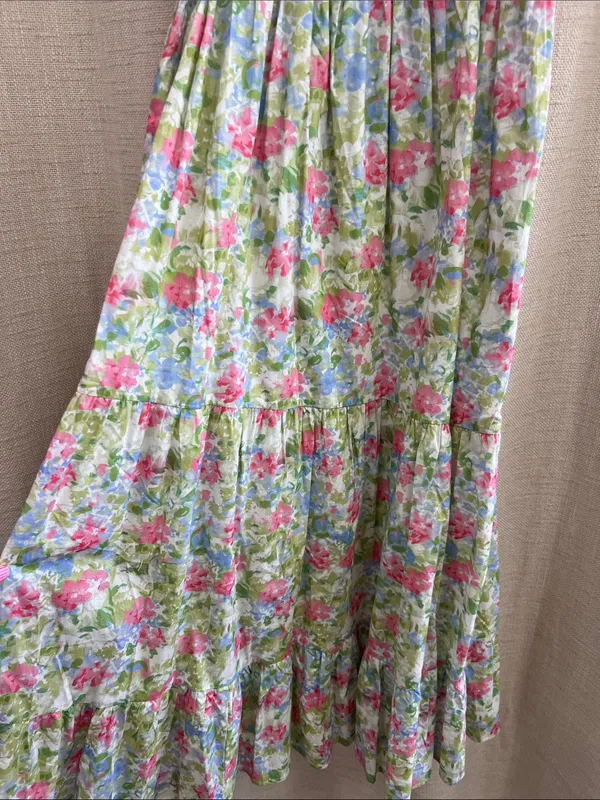 Floral Smocked Tiered Midi Dress Pink Blue Green Print Small - Image 9