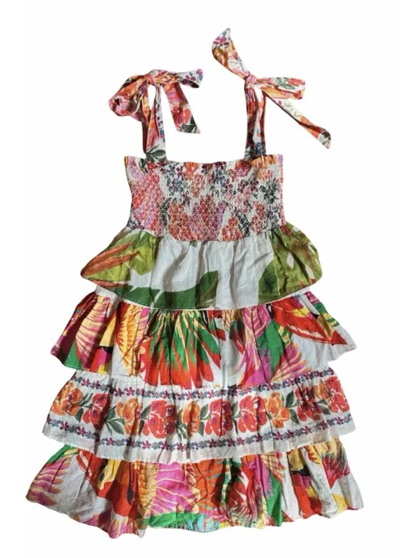 Farm Rio Mixed White Print Layered Dress M Tropical Floral Tiered cotton smocked - Image 3
