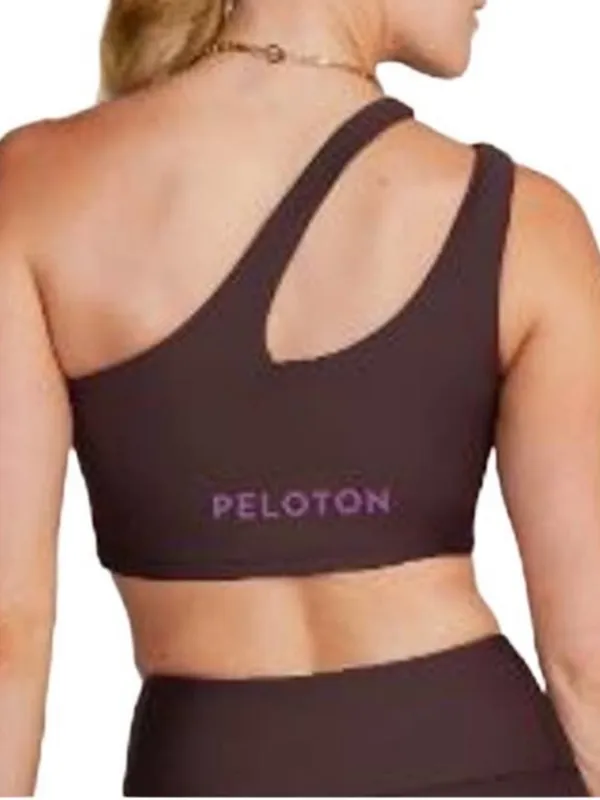PELOTON Women's Chocolate Brown Asymmetric Cropped Sports Bra with Purple Logo - Image 6