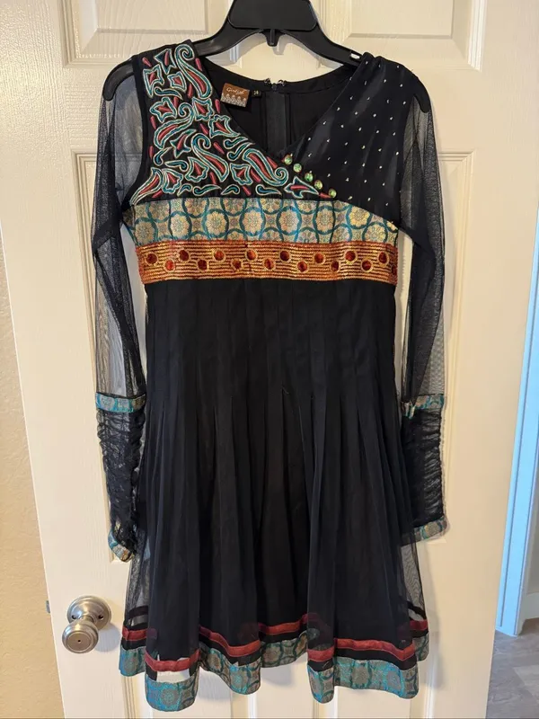Girlish Embroidered Mesh Fit & Flare Dress Size 36 Black Boho Beaded - Image 3