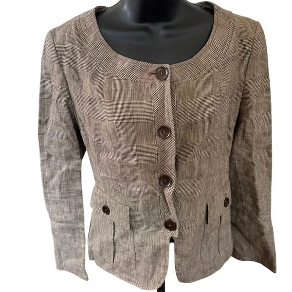 Vintage 90s MaxMara 100% Linen Blazer Sz 2 Made in Italy Brown Check Old‎ Money - Image 2