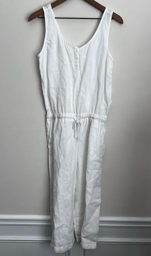 Cloth and stone Anthropologie white linen jumpsuit wide leg crop S - Image 2