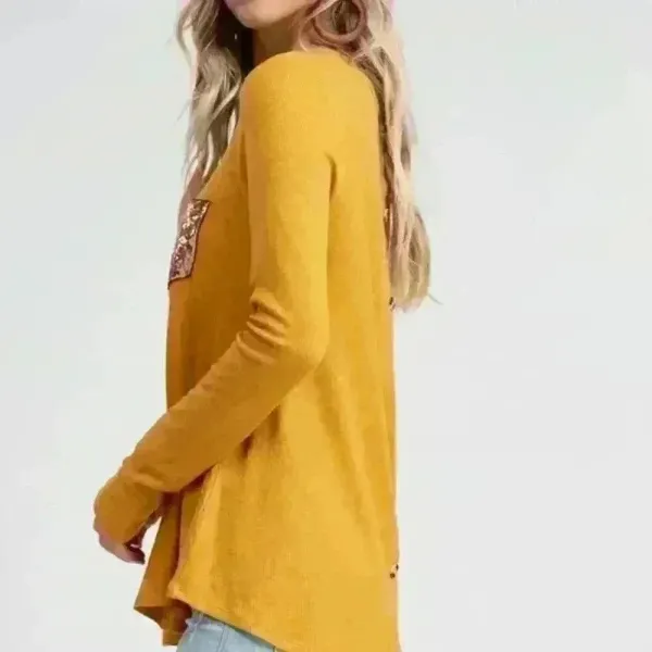 White Birch 9. Mustard Thermal Top with Sequin Pocket and‎ Buttons - Image 3