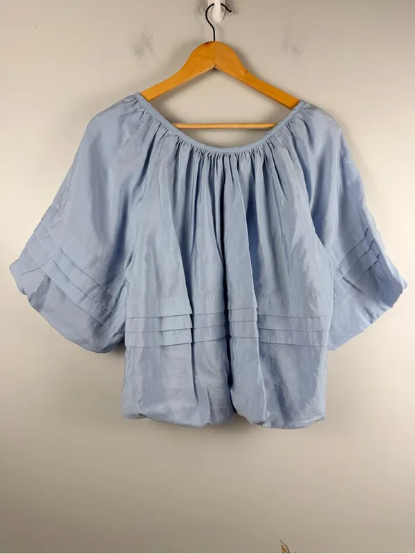 ANTHROPOLOGIE MAEVE SHORT PUFF SLEEVE BUBBLE TIERED BLOUSE SHIRT TOP BLUE medium - Image 7