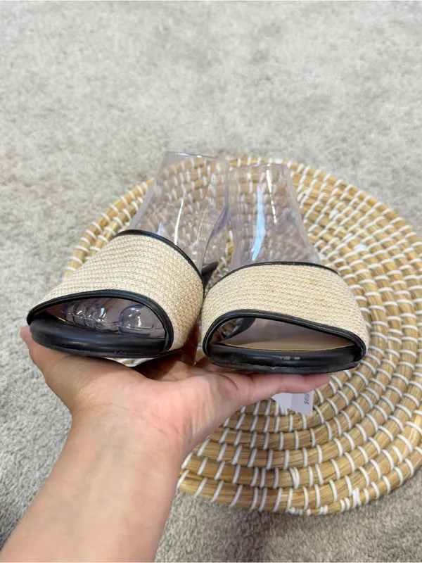 Ann Taylor Factory Women’s Slip-On Leather Raffia Wedge Sandals in Black Cream 8 - Image 9