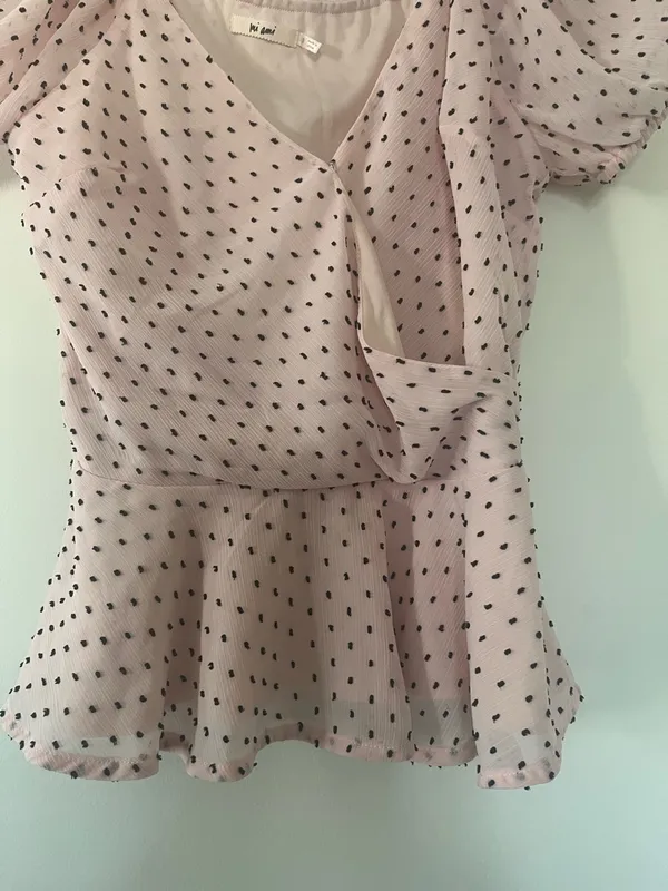 Pink Black Polka Dot Coquette Blouse Small Puff Sleeve Peplum Top Romantic - Image 4