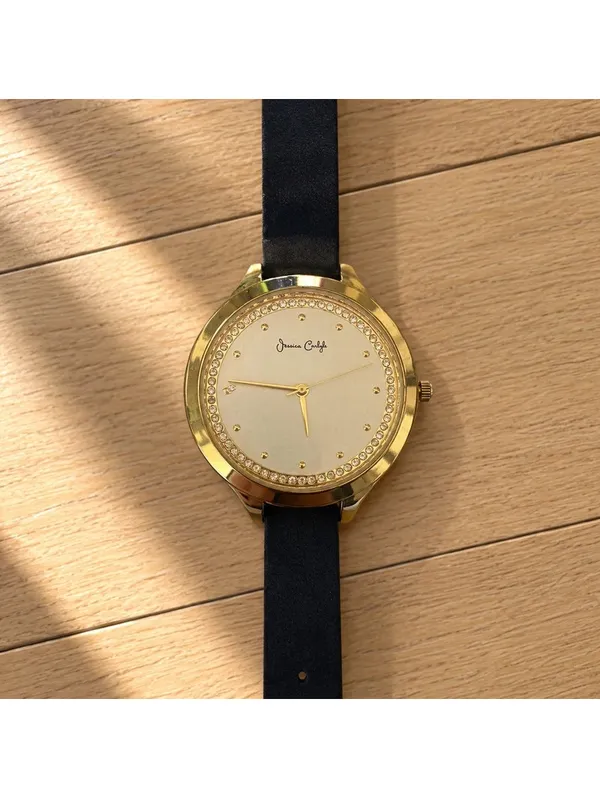 Jessica Carlyle Gold Tone Rhinestone Analog Watch Black Strap Womens - Image 3