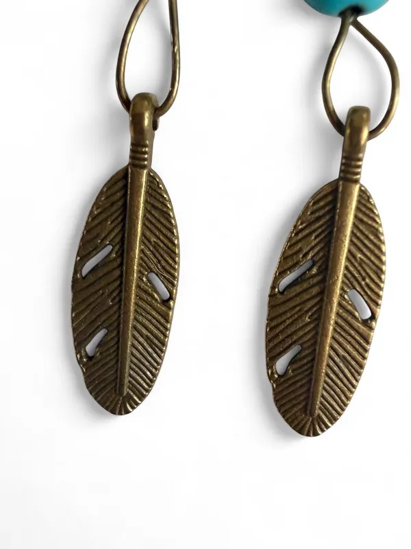 Handmade Turquoise Oval Bead Feather Earrings Western Boho - Image 4