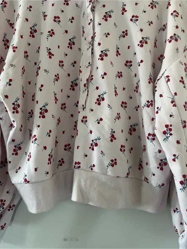 Pink Ditsy Floral Quarter Zip Pullover Cotton Sweatshirt Large Feminine Athletic - Image 3