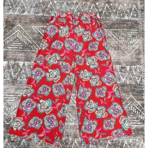 Resort Boho Floral Wide Leg Pants Z Supply Dante Tango Red Cruise Rayon M - Image 6