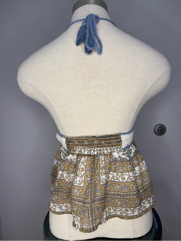 American Eagle Outfitters Cream Crochet Halter Top with Blue & Tan Accents - Image 4