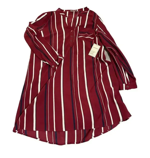 NWT Janette Plus Blouse Long Sleeve Striped Maroon White‎ Navy SZ XL - Image 2