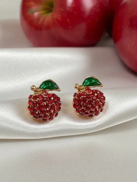 Red Crystal Apple Stud Earrings with Green Enamel Leaf - Image 3