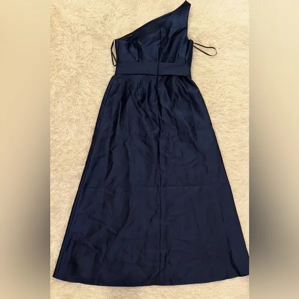 NEW ALFRED SUNG D815 DRAPED ONE-SHOULDER SATIN MAXI DRESS POCKETS NAVY sz 14 - Image 4
