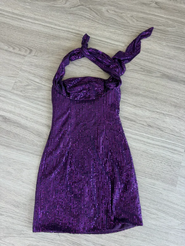 Purple Sequin Wrap Neck Mini Dress Size 2 - Image 3