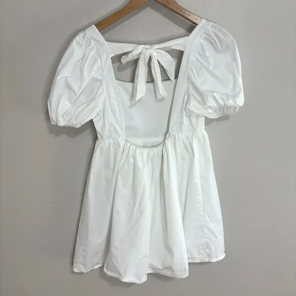 Forever 21 Dress White Puff Sleeve Tie Back Babydoll Mini Dress Cottagecore S - Image 7