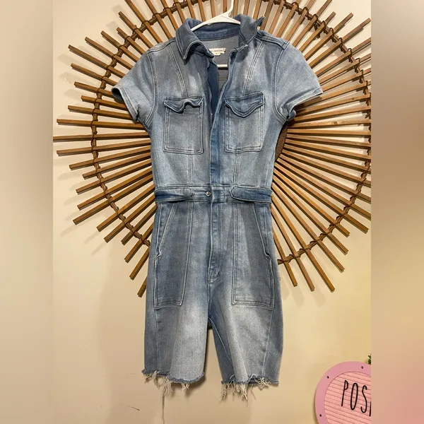 Good American Denim Short Sleeve Jumpsuit Shorts Romper Utility Stretchy Minimal - Image 4