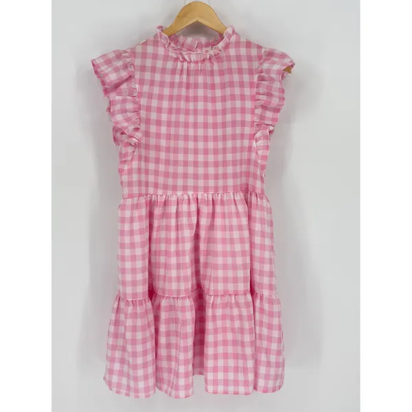 Entro Pink Plaid‎ Checkered Gingham Dress Small Tiered Babydoll Mini Ruffle Neck - Image 3