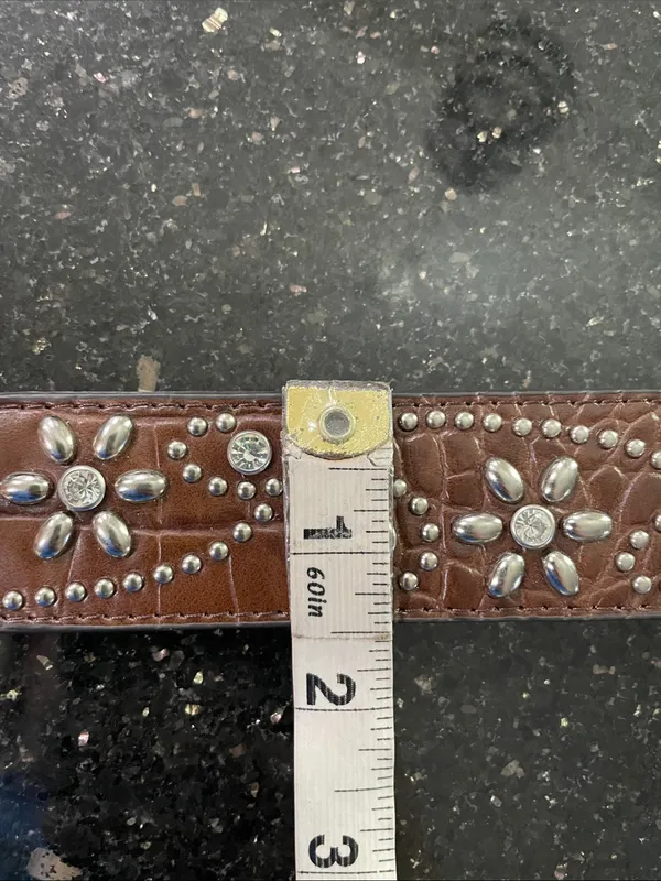 Western Ariat Womens Croc Print Studs Crystals Brown Leather Belt Style A1510602 - Image 10