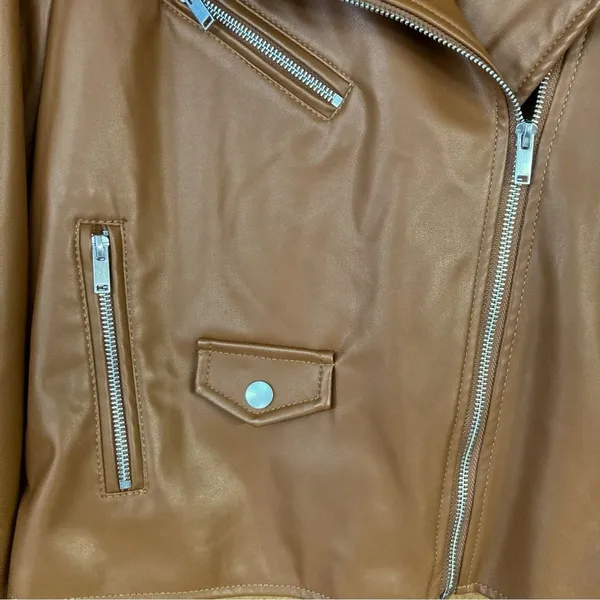 Nine West Womens Faux Leather Moto Jacket Cognac Brown Asymmetrical Zip Small - Image 6
