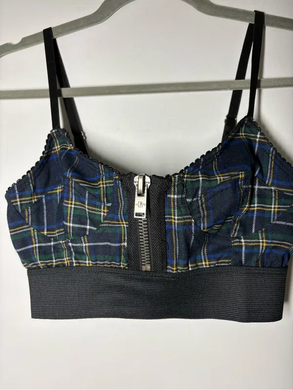 Current Mood Dolls Kill Navy Green Plaid Zip-Front Bralette top - Image 2