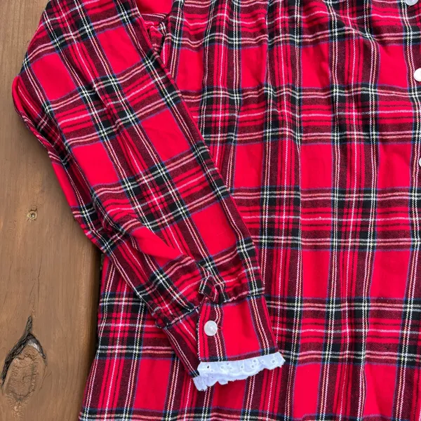 Lanz of Salzburg Nightgown‎ Traditional Red Plaid Eyelet Lace Trim Cotton Medium - Image 5