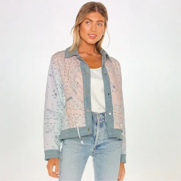 BLANK NYC Reversible Quilted Denim Jacket Large Blue Floral Snap Front Coat - Image 8