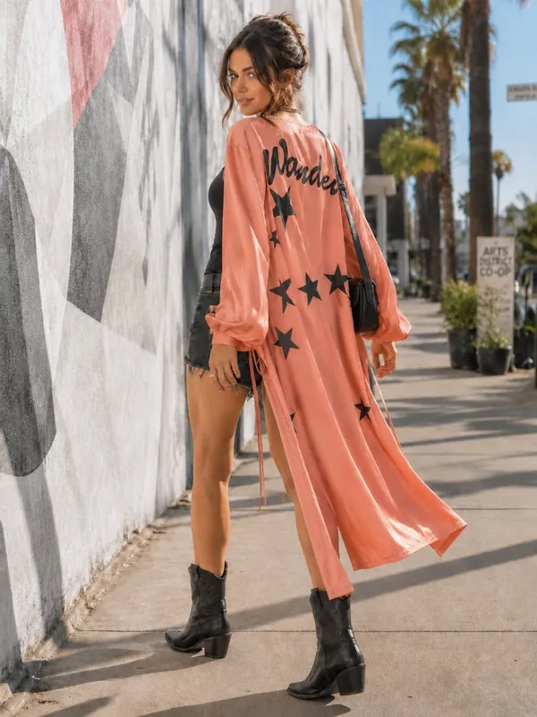 J.ING Wonder Star Print Satin Wrap Maxi Robe Duster Kimono - Image 2