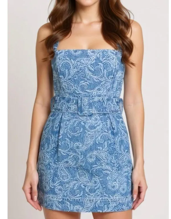ELLIATT Rhythem Floral Embroidery Belted Denim Mini Dress, Blue, XS - Image 5