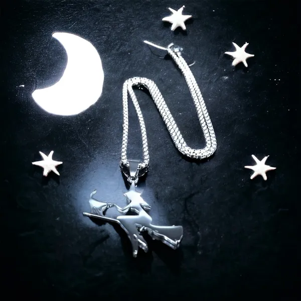 Witch Broom Cat Pendant Necklace Women Witchcraft Silvery Color Hollow Out‎ - Image 4