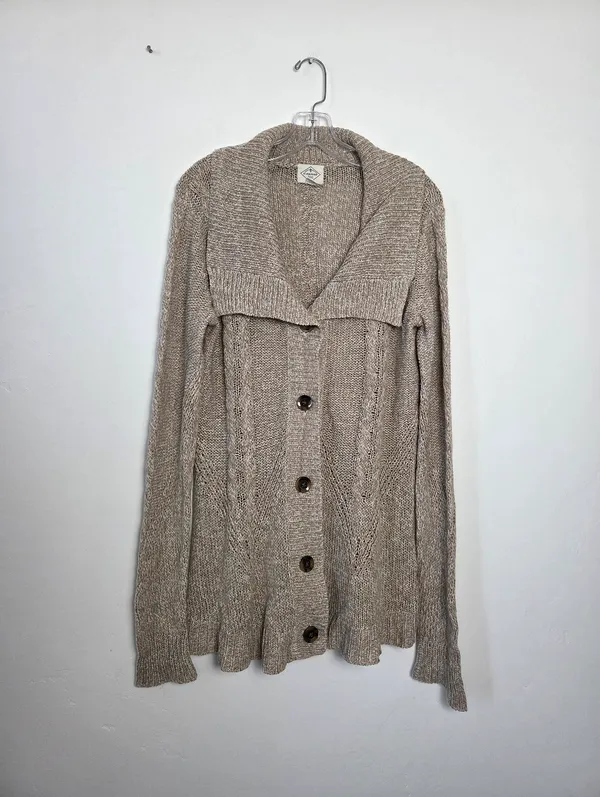 Oatmeal Beige Cardigan Sweater Shawl Collar Cable Knit Comfy Loungewear Large - Image 2