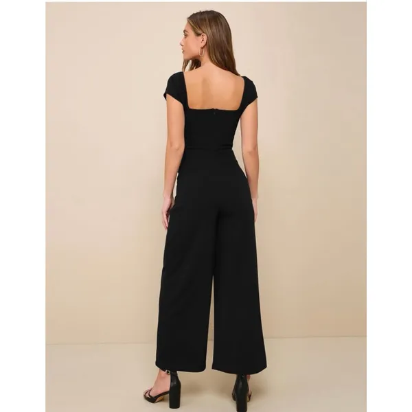 NEW Black Cap Sleeve Square Jumpsuit Pockets L - Image 4