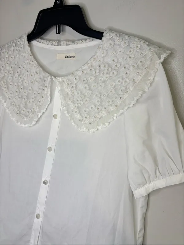 Chulatte White Eyelet Peter Pan Collar Blouse Size M - Image 3