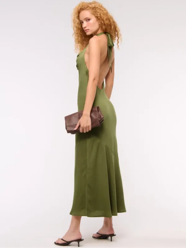 Abercrombie Olive Halter Satin Maxi Dress - Image 3