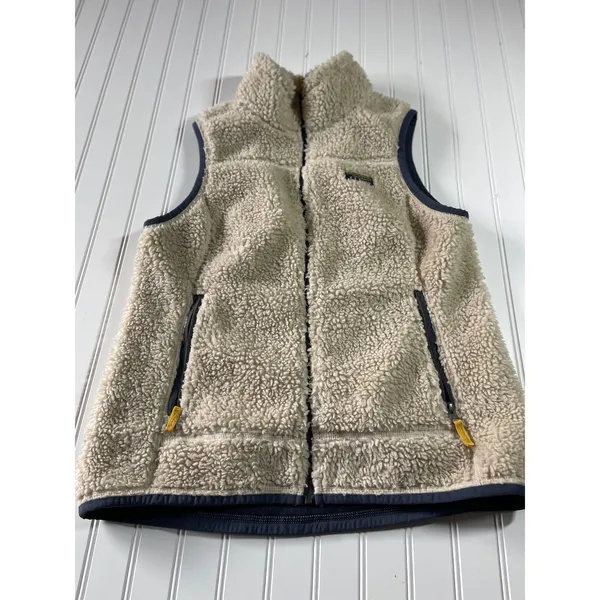 LL Bean Mountain Pile Fleece Vest Cream Navy Sherpa Retro Outdoor Jacket M - Image 2