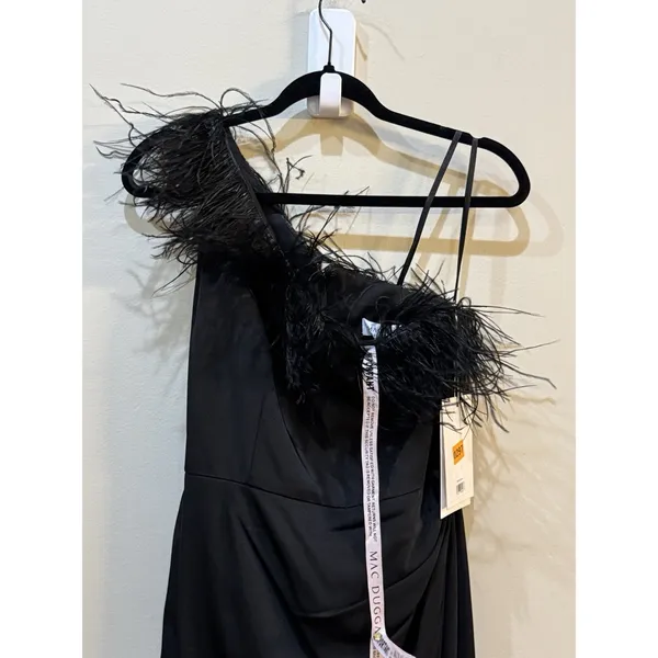 Mac Duggal 68456 Black One Shoulder Feather Trim Gown Size 6 Maxi Dress - Image 5