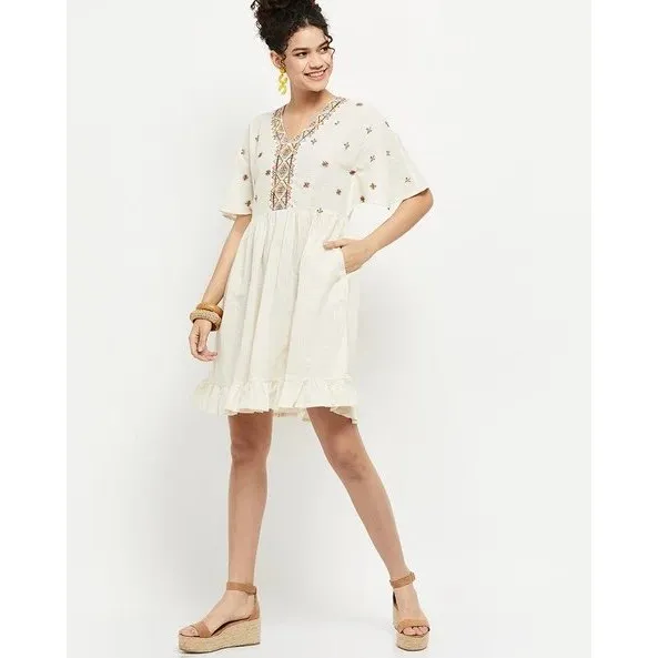 Max Women Cream Cotton Boho Embroidered V-Neck Ruffle Hem Mini Dress - Image 3